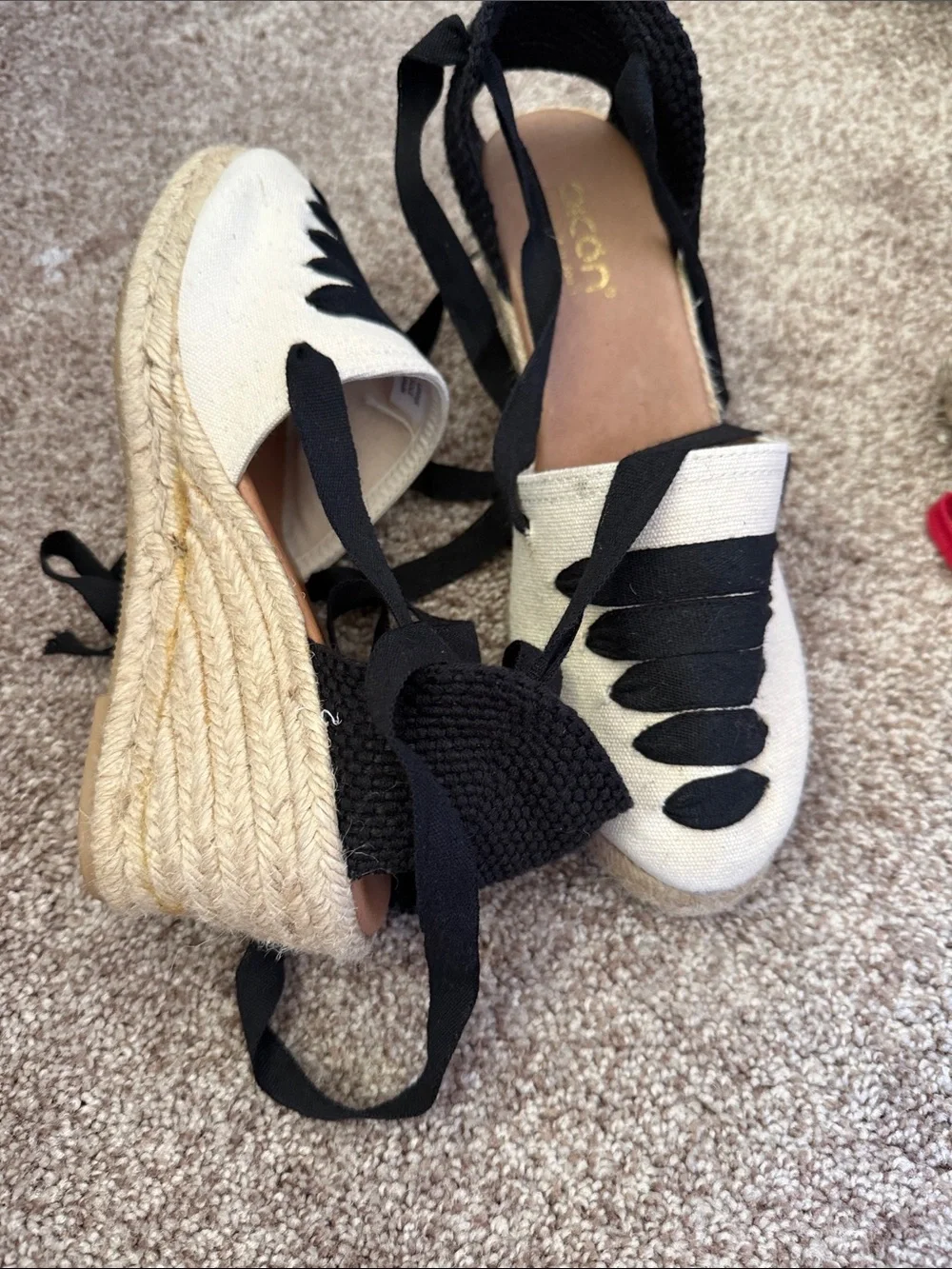 Canvas Espadrille Flats with Black Lace-Up Detail - Cream/Black